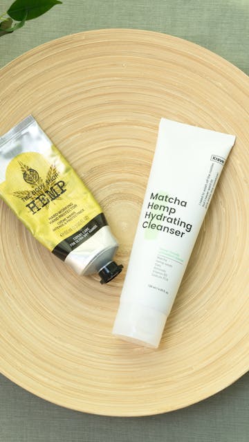 The Body Shop Hemp handcream, Krave Beauty Matcha Hemp Hydrating Cleanser