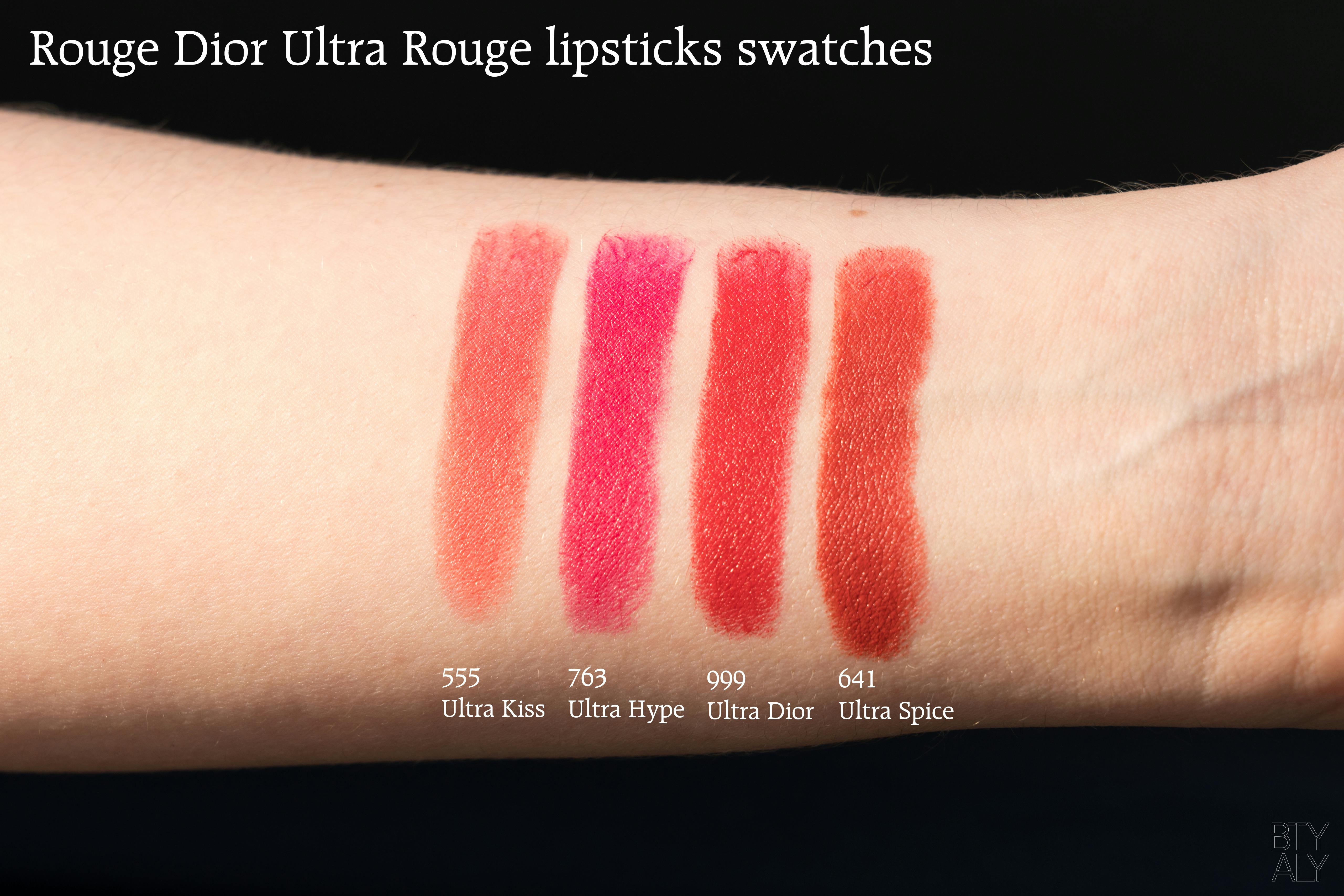 Rouge Dior Ultra Rouge Lipsticks 555, 641, 763, 999 swatches