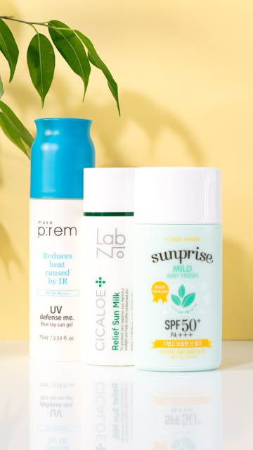 make p:rem UV defense me Blue ray sun gel, Labno Cicaloe Relif Sun Milk, Etude House Sunprise Mild Airy Finish