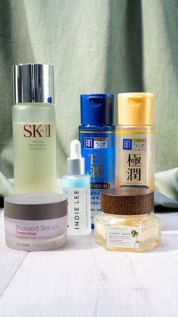 SK-II Facial Treatment Essence, Blithe Pressed Serum Tundra Chaga, Indie Lee Squalane Facial Oil, Hada Labo Lotions, Farmacy Honey Drop