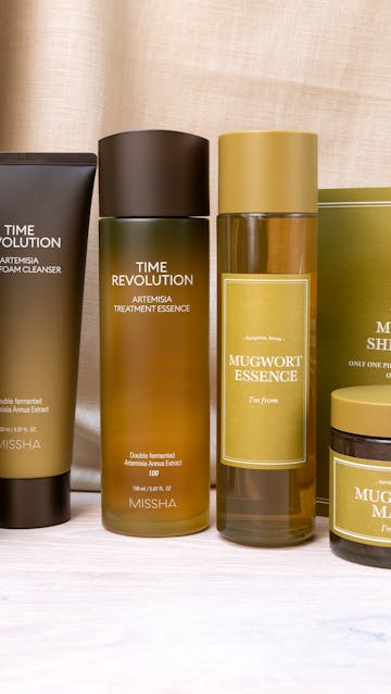 Vely Vely Artemisia Balance Essence, Missha Time Revolution Artemisia Treatment Essence, Pack Foam Cleanser, I'm From Mugwort Essence, Mask, Sheet Mask