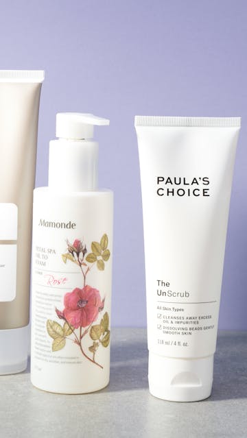 Paula's Choice The Unscrub, Mamonde Petal Spa Oil To Foam, The Ordinary Squalane Cleanser