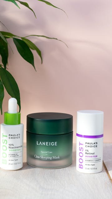 Paulas Choice 10% Niacinamide Booster, LANEIGE Cica Sleeping Mask, Paula’s Choice 1% Retinol Booster
