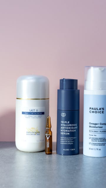 Biologique Recherche Lait U, Vichy Liftactiv Peptide C Ampoule, Allies Of Skin Triple Hyaluronic Antioxidant Hydration Serum, Paula’s Choice Omega + Complex Moisturizer