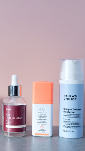 Iunik Noni Light Oil Serum, Drunk Elephant C-Tango Multivitamin Eye Cream, Paula’s Choice Omega Complex Moisturizer