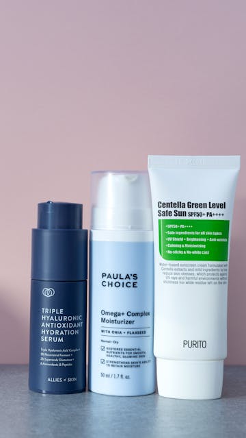 Purito Centella Green Level Safe Sun, Allies Of Skin Triple Hyaluronic Antioxidant Hydration Serum, Paula’s Choice Omega + Complex Moisturizer