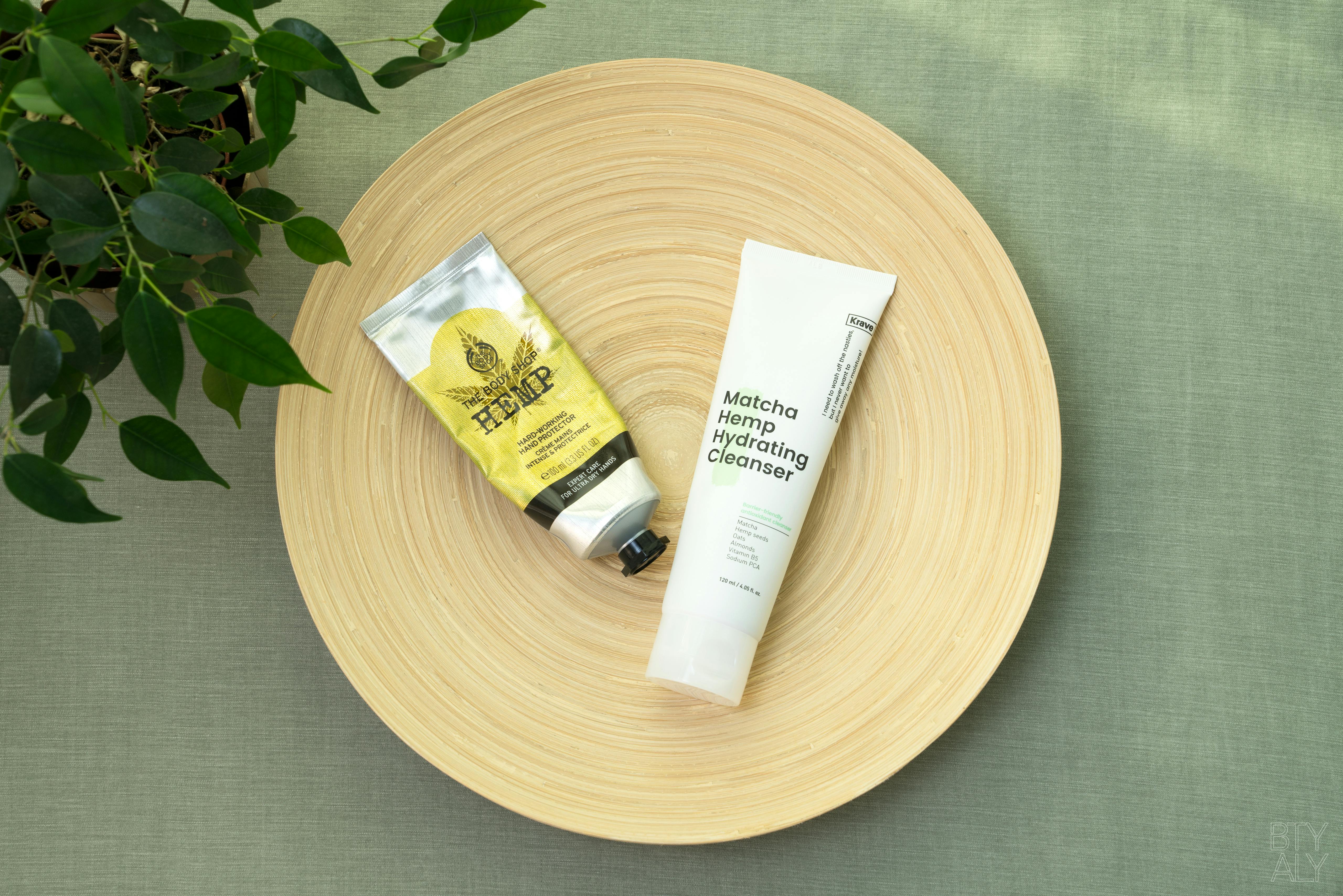The Body Shop Hemp handcream, Krave Beauty Matcha Hemp Hydrating Cleanser
